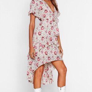 Nasty Gal Floral V Neck High Low Midi Dress
